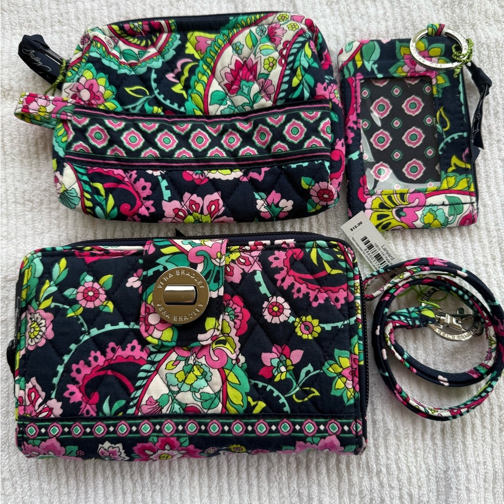 Vera Bradley Turnlock wallet,small cosmetic bag and zip ID lanyard set